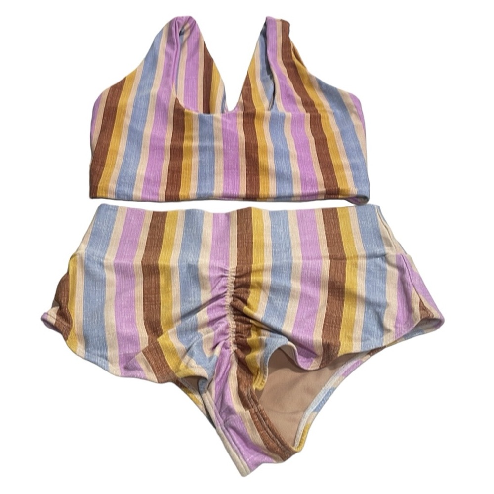 Montce Pastel Multi-Striped Tie-Front Bikini Top - Pink, Blue, Yellow, Brown - Picture 4 of 5